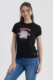 Polera Mujer Básica Print Negro / Coral