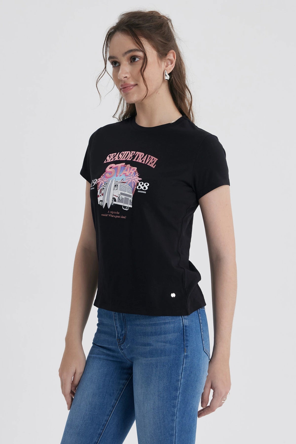 Polera Mujer Básica Print Negro / Coral