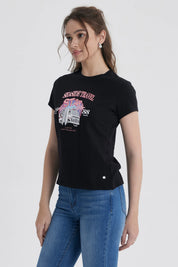 Polera Mujer Básica Print Negro / Coral