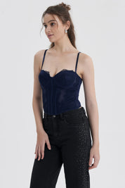Blusa Mujer Corset Encaje Celeste