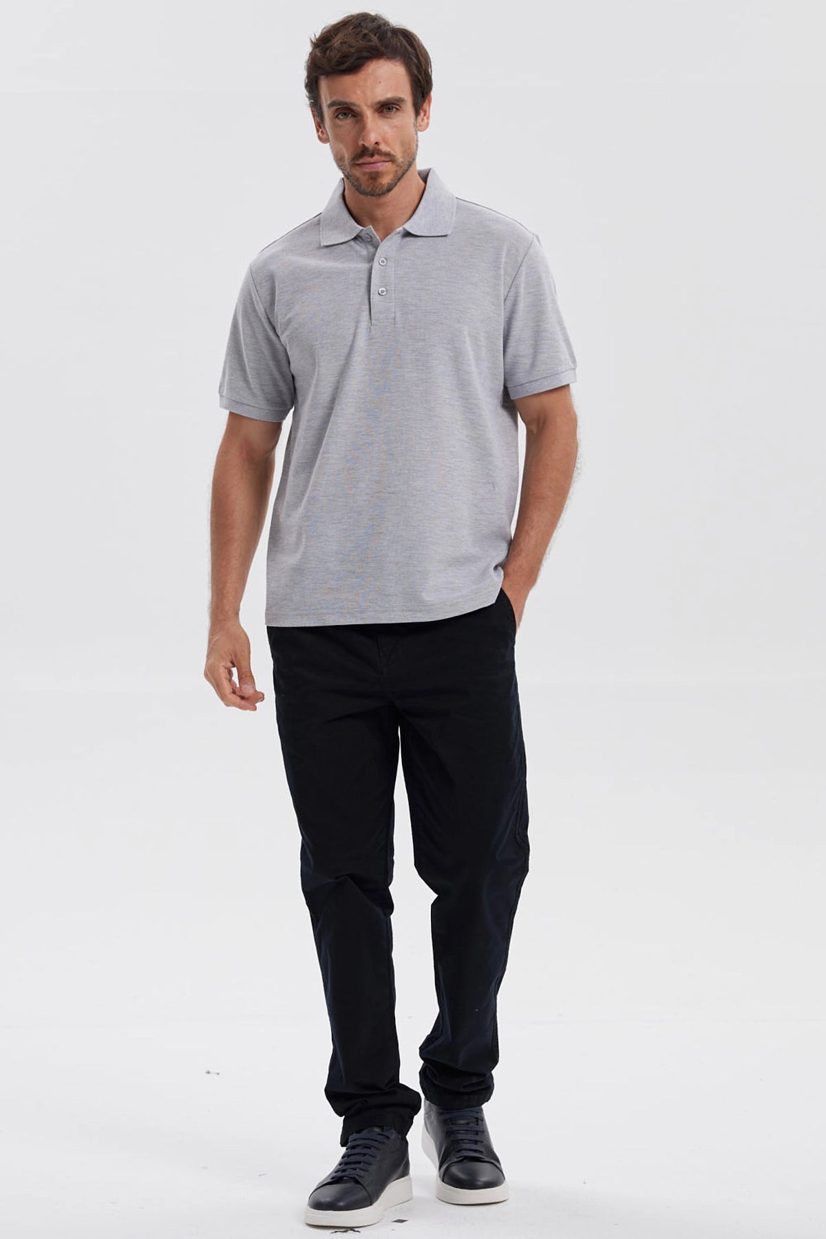 Polera Hombre Pique Básica Lisa Gris Melange