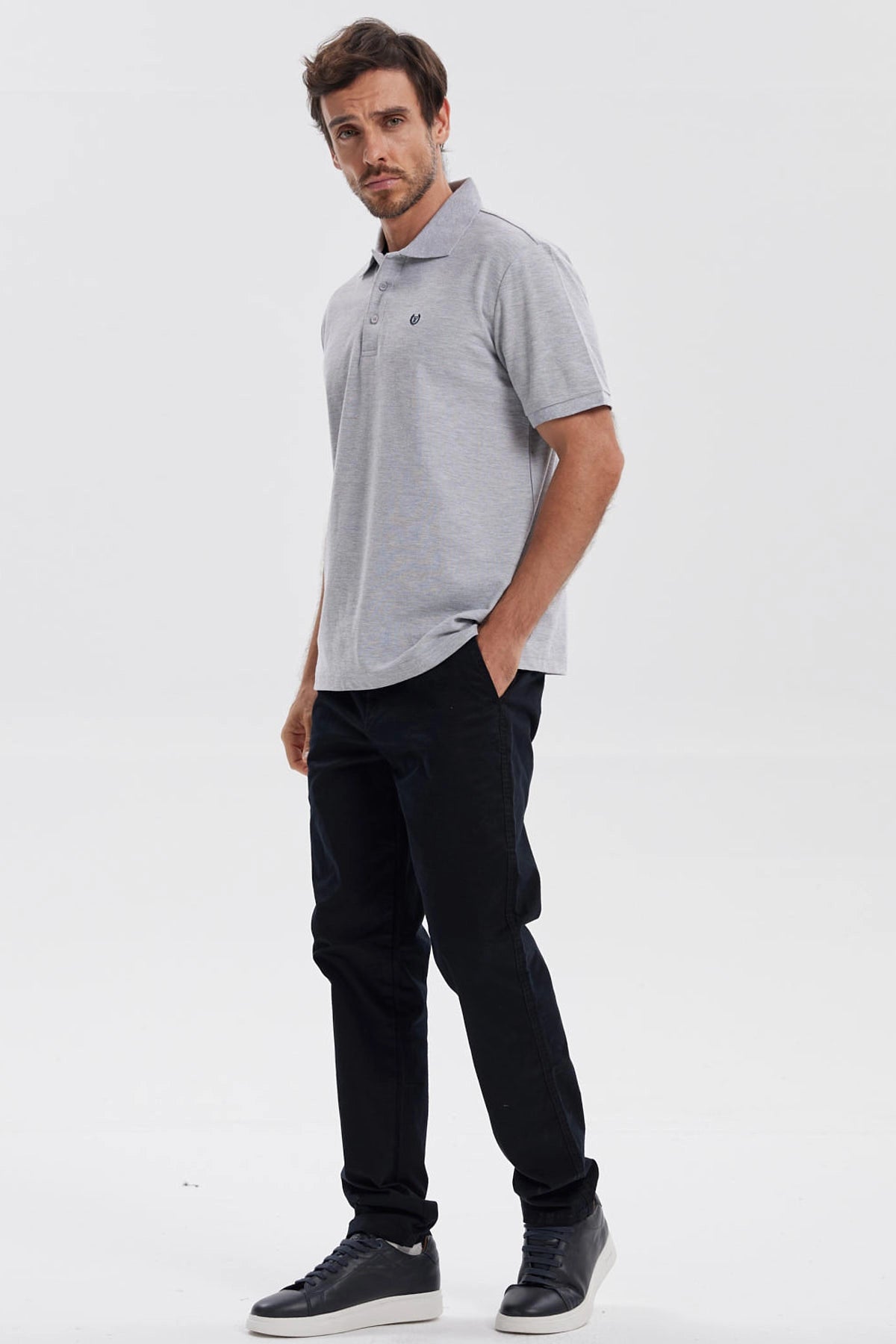 Polera Hombre Pique Básica Lisa Gris Melange