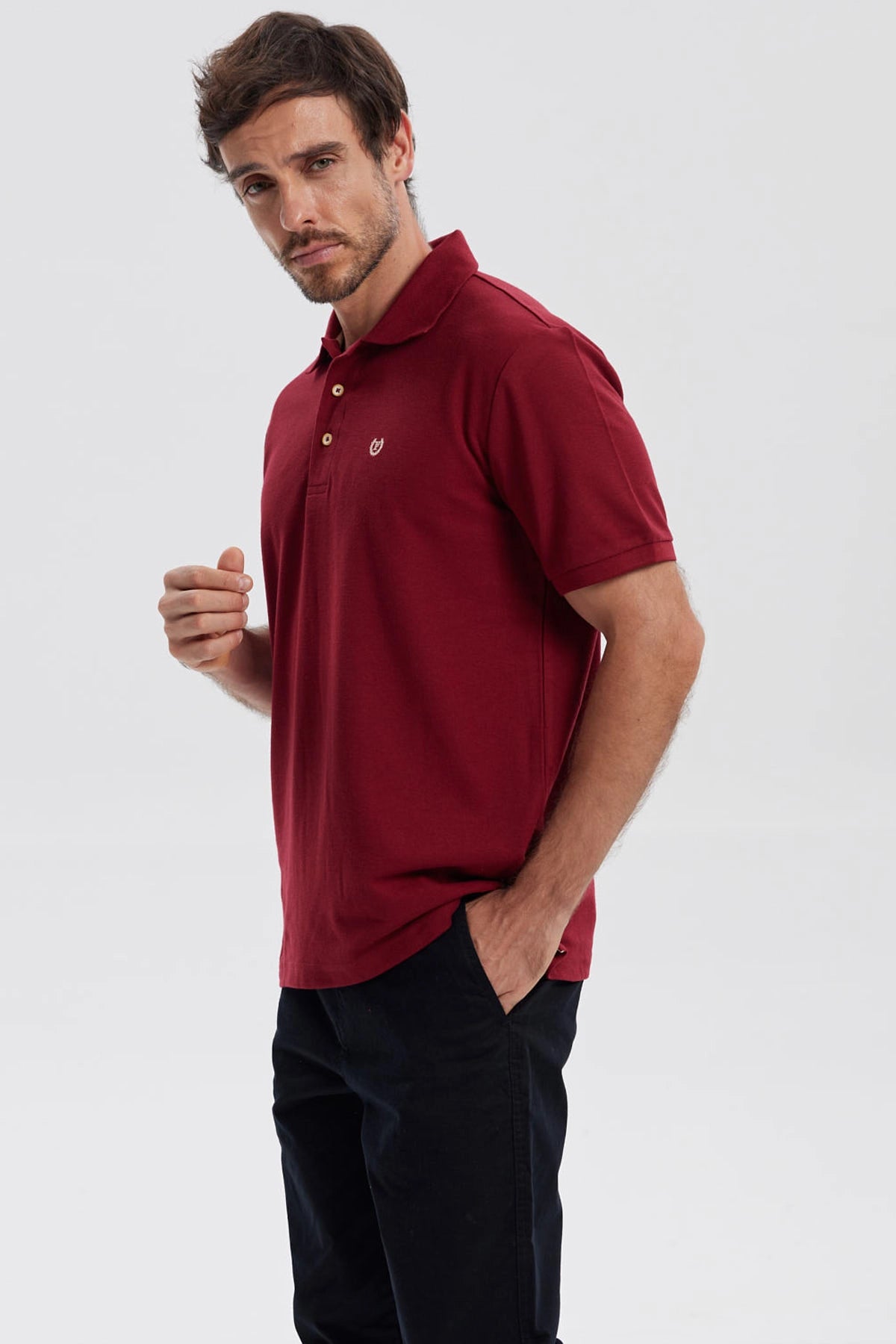 Polera Hombre Pique Básica Lisa Burdeo