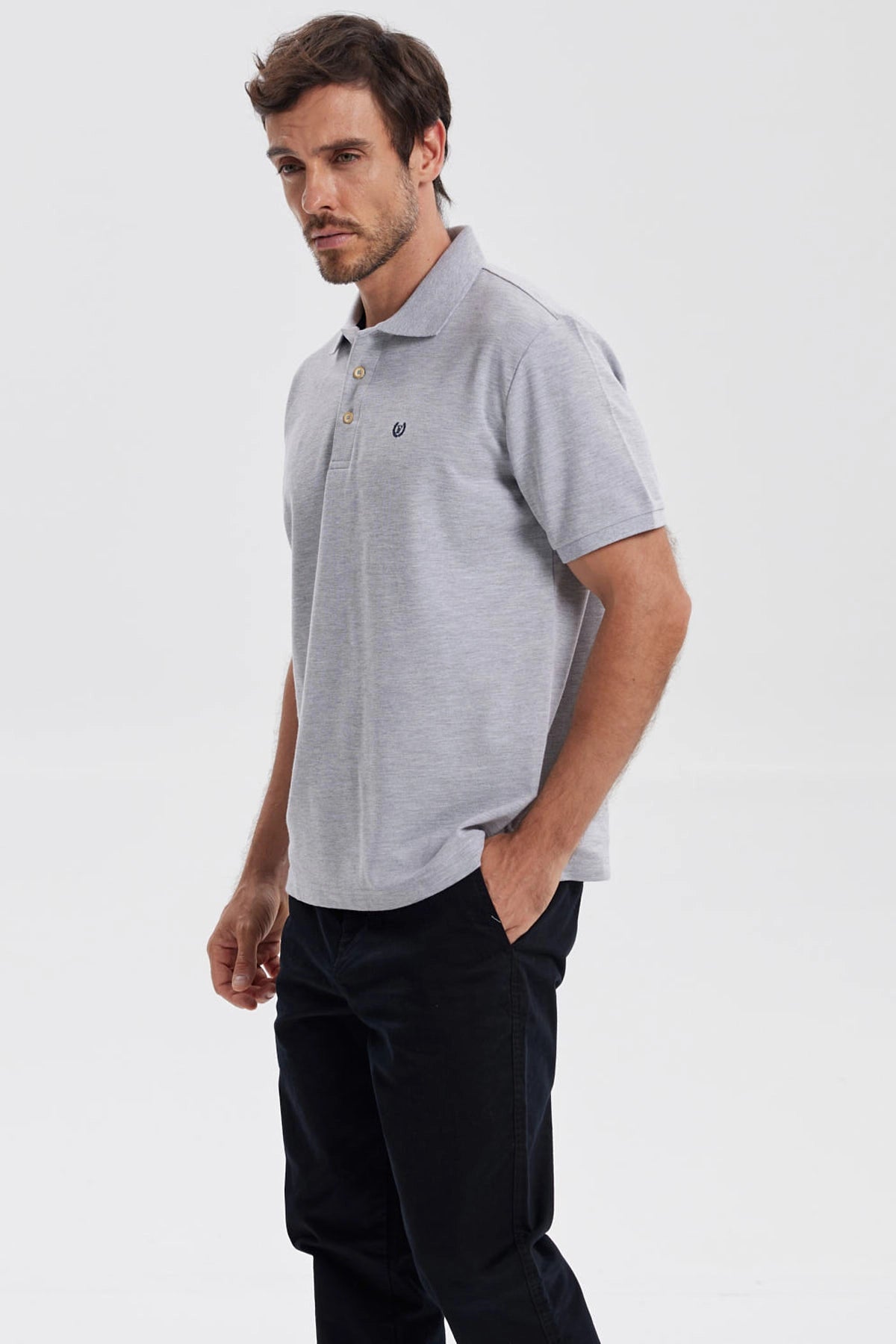 Polera Hombre Pique Básica Lisa Gris Melange