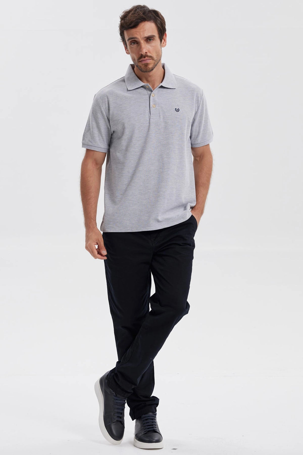 Polera Hombre Pique Básica Lisa Gris Melange