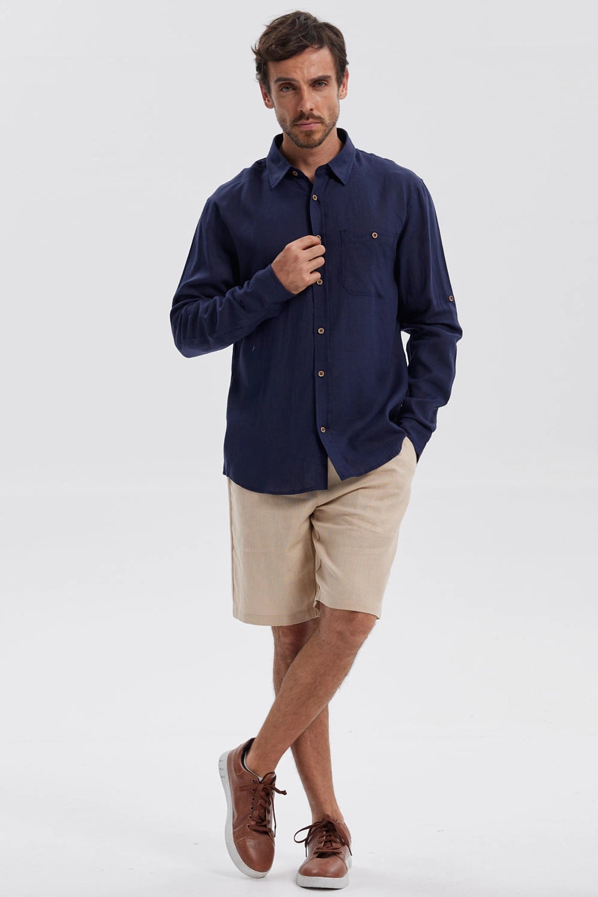 Camisa Hombre Lino Azul Marino