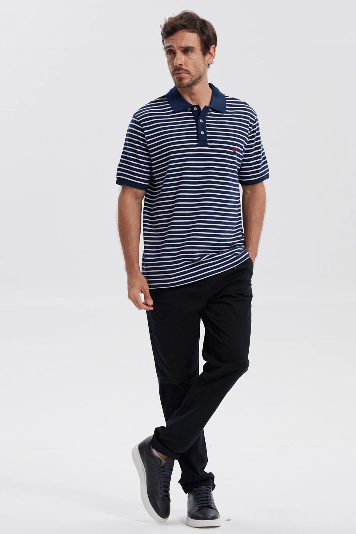 Polera Hombre Mini Rayas Azul Marino