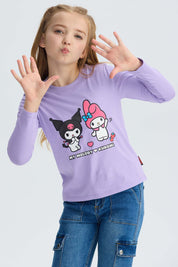 Polera niña Kuromi morado con estampado frontal