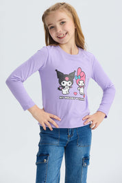 Polera niña Kuromi morado con estampado frontal