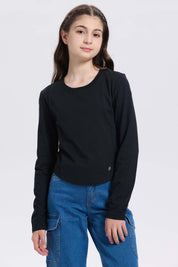 Polera Niña Con Costuras Y Print Negro