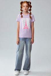 Polera Niña Básica Estampada Lila