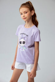 Polera Niña Básica Estampada Lila