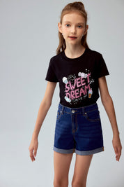 Polera Niña Básica Estampada Negro