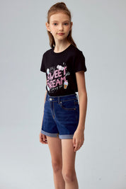 Polera Niña Básica Estampada Negro