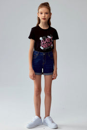 Polera Niña Básica Estampada Negro