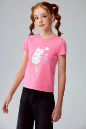 Polera Niña Básica Estampada Rosado