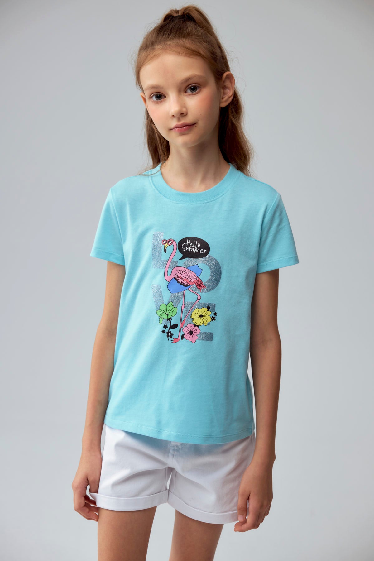 Polera Niña Básica Estampada Celeste