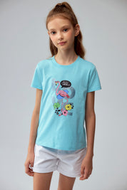 Polera Niña Básica Estampada Celeste