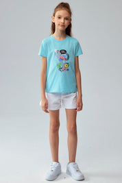 Polera Niña Básica Estampada Celeste