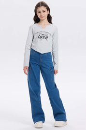 Polera Niña Crop Print Gris Melange