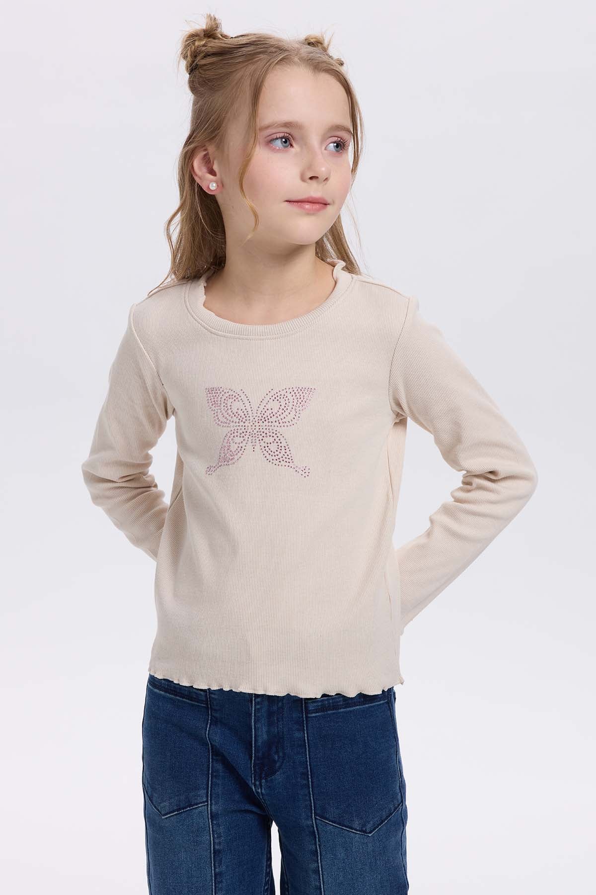 Polera niña Rullet Print Strass Beige