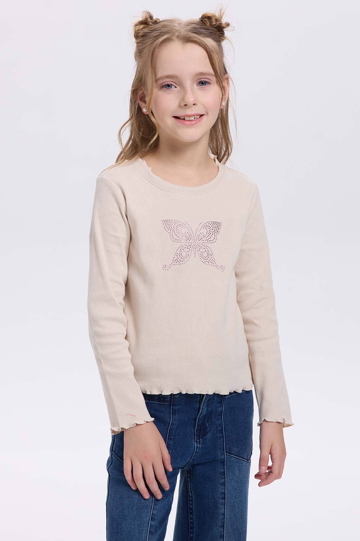 Polera niña Rullet Print Strass Beige
