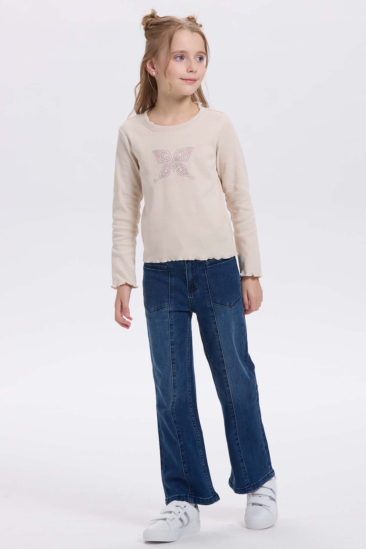 Polera niña Rullet Print Strass Beige