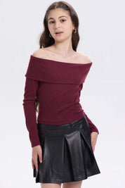 Polera niña escote Bardot burdeo