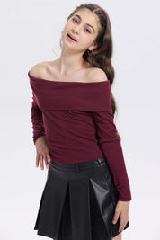 Polera niña escote Bardot burdeo