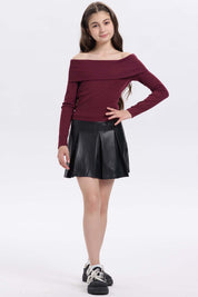 Polera niña escote Bardot burdeo