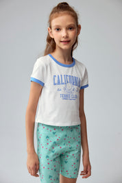 Polera Niña Con Rib A Contraste Celeste