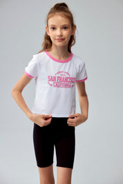 Polera Niña Con Rib A Contraste Rosado