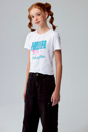 Polera Niña Crop Estampada Blanco