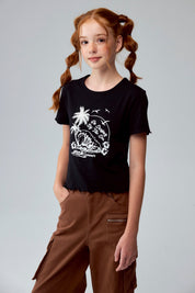 Polera Niña Crop Estampada Negro