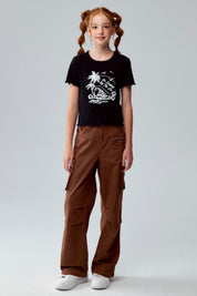 Polera Niña Crop Estampada Negro