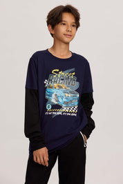 Polera Niño Doble Manga Básica Azul