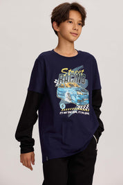 Polera Niño Doble Manga Básica Azul