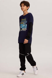 Polera Niño Doble Manga Básica Azul