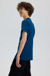 Polera Niño Básica Estampada Azul Petroleo