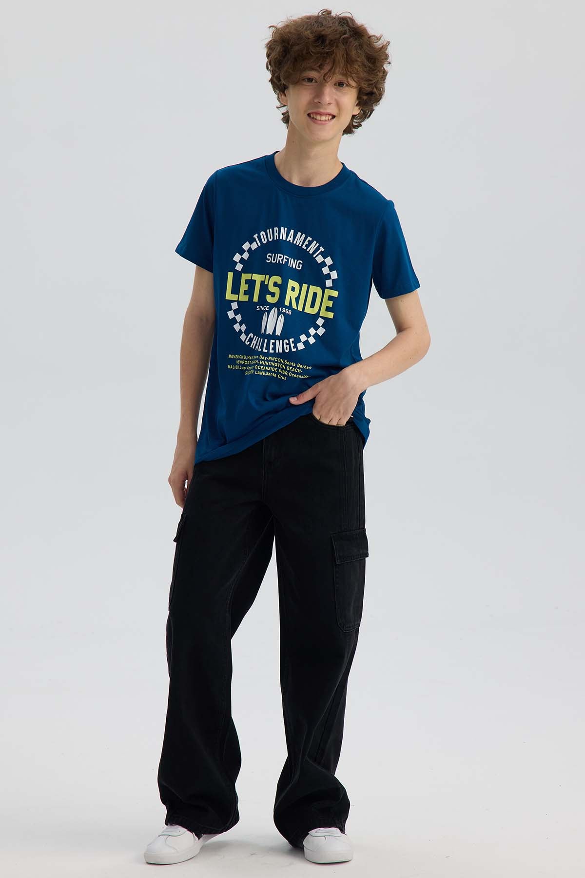 Polera Niño Básica Estampada Azul Petroleo