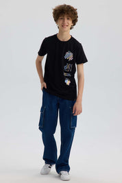 Polera Niño Básica Estampada Negro