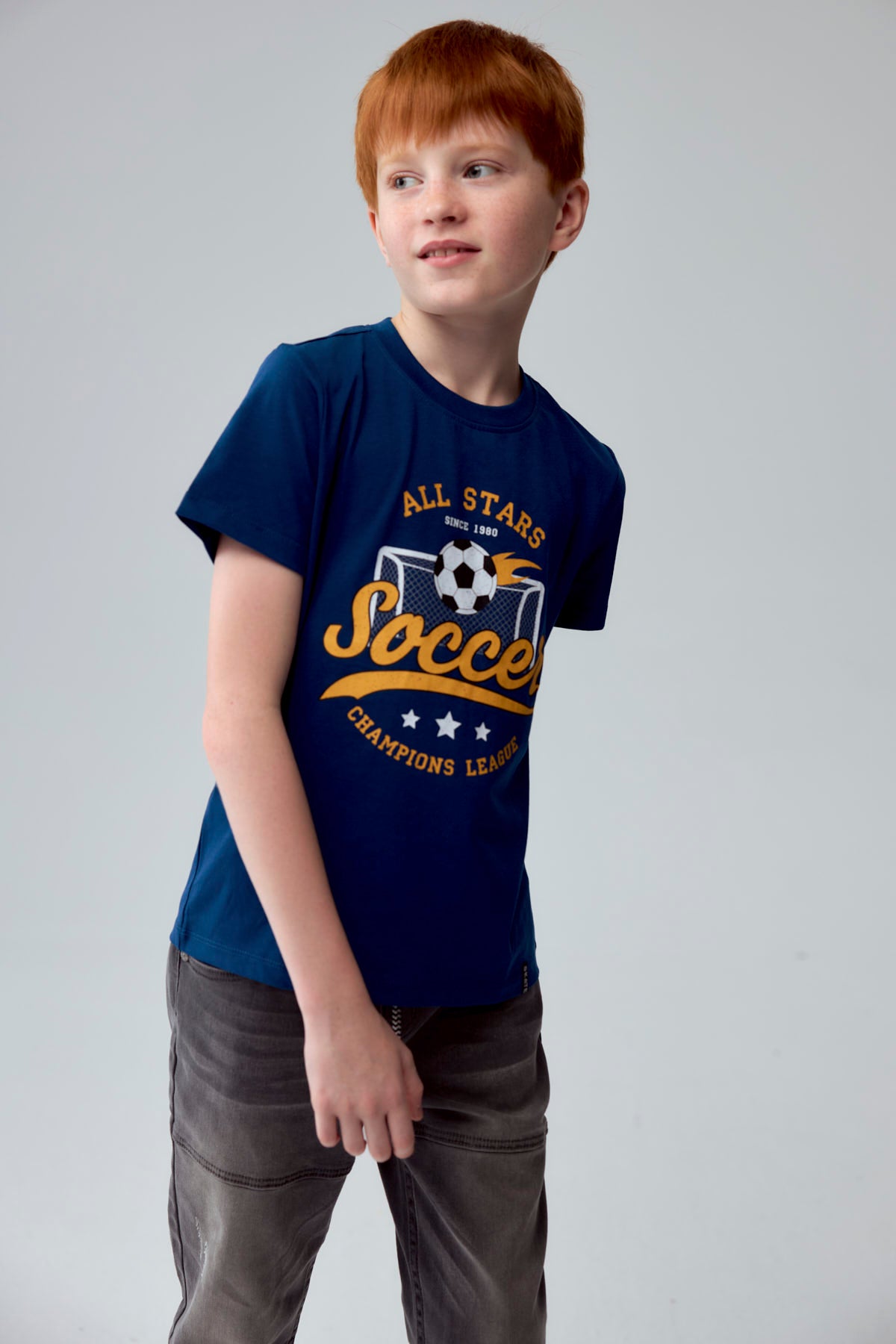 Polera Niño Básica Estampada Azul Petroleo