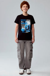 Polera Niño Básica Estampada Negro