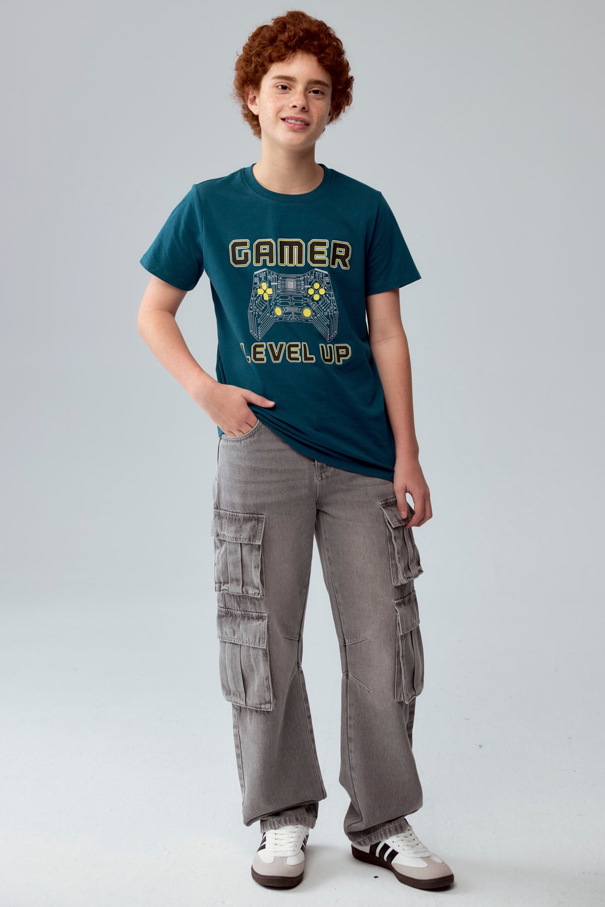 Polera Niño Básica Estampada Verde Oscuro