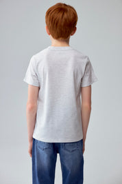 Polera Niño Básica Estampada Gris Melange Claro