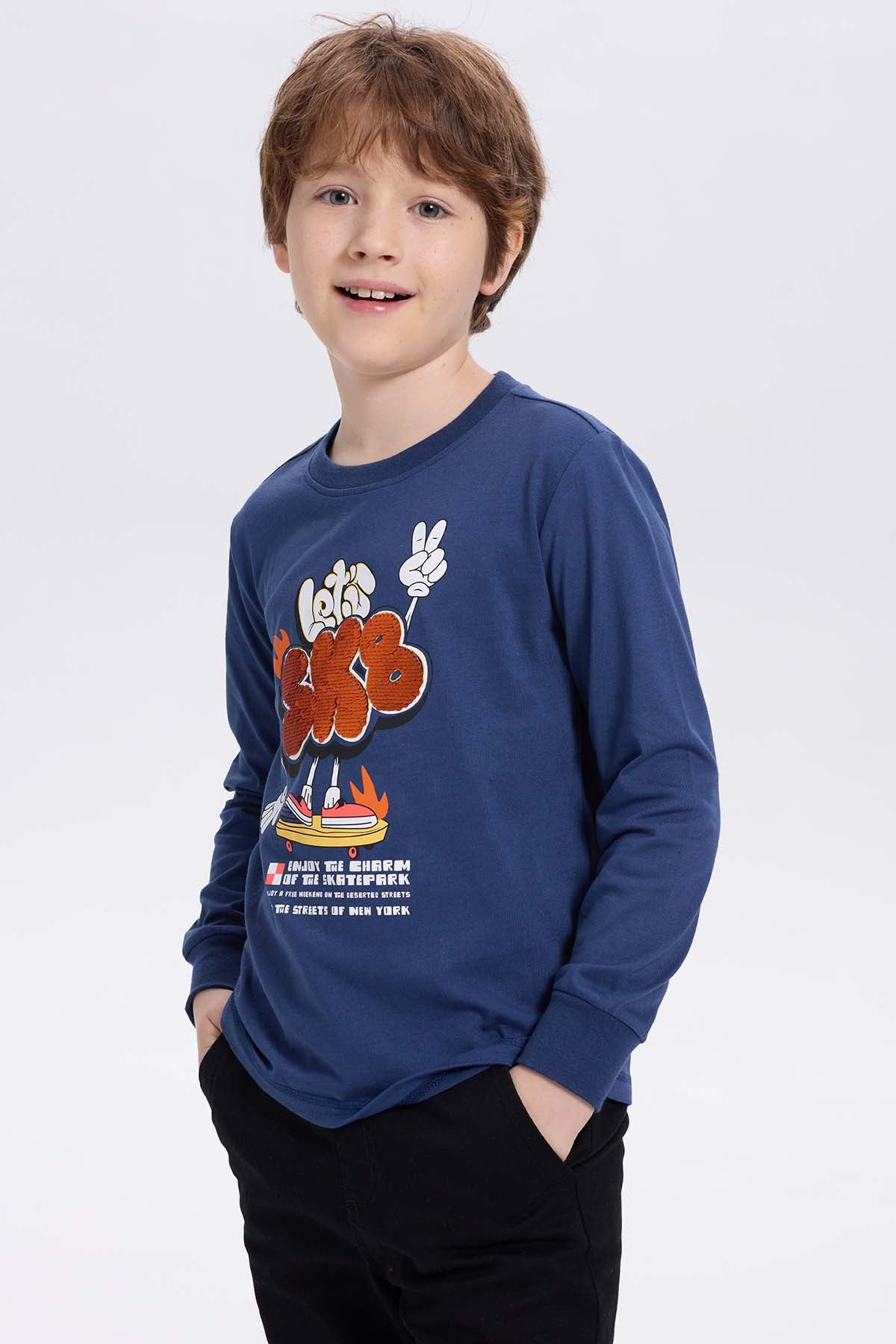 Polera Niño Print Lentejuelas Azul