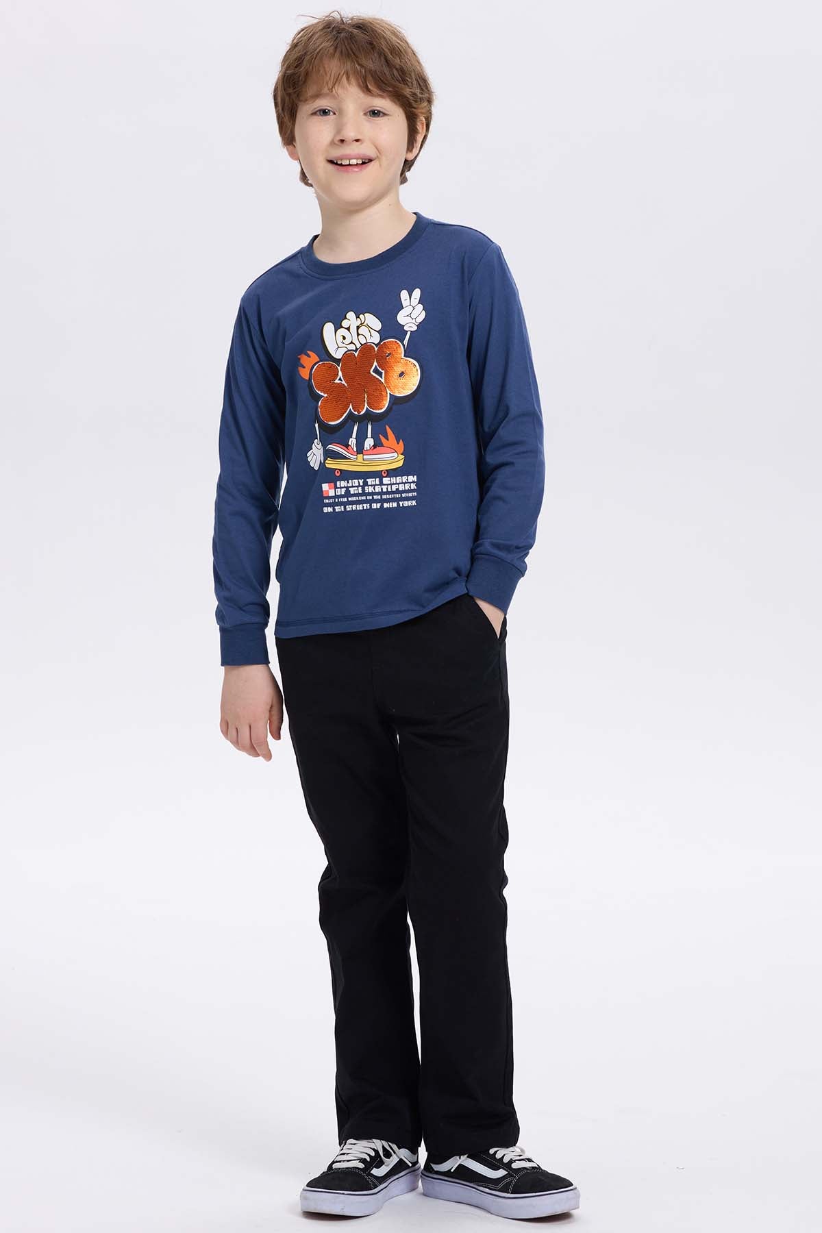 Polera Niño Print Lentejuelas Azul