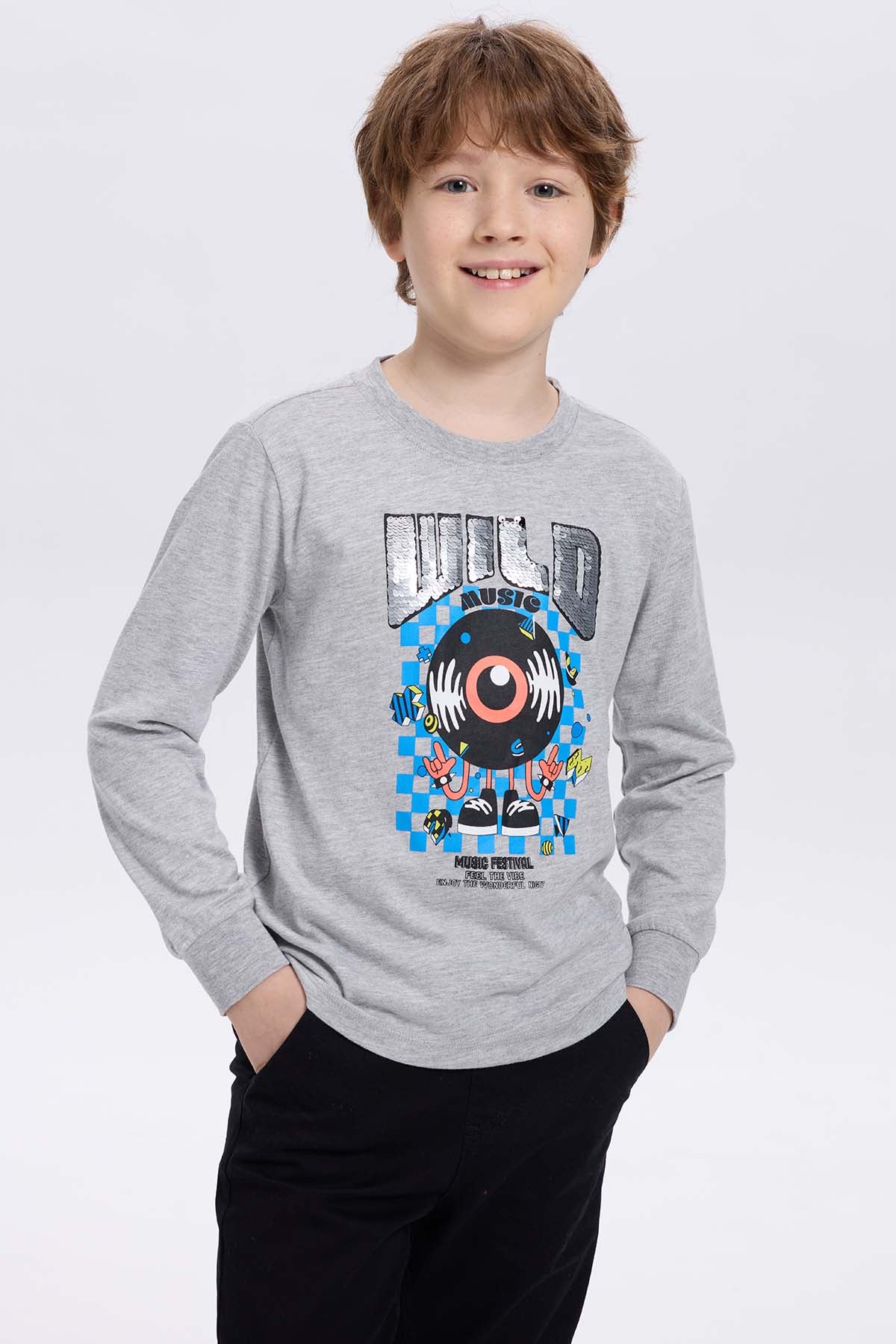 Polera Niño Print Lentejuelas Gris