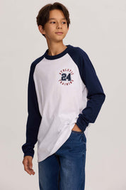 Polera niño Con Bordado Blanco con mangas largas azules
