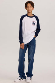 Polera niño Con Bordado Blanco con mangas largas azules